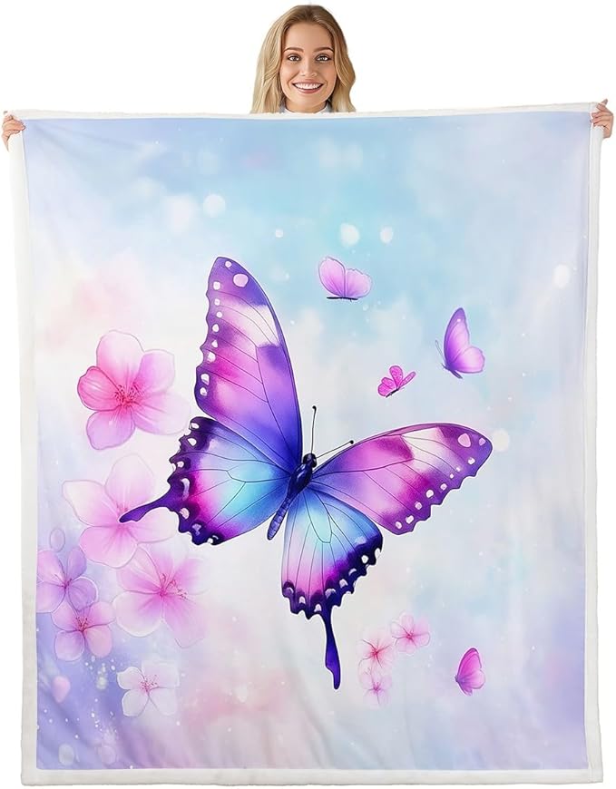 Feelyou Purple Blue Butterfly Fleece Throw Blanket Baby 30"x40" Kids Girls Sherpa Blanket Plush Fuzzy for Bed Couch Chair Living Room, Floral Flower Bed Blanket Cute Watercolor Room Decor