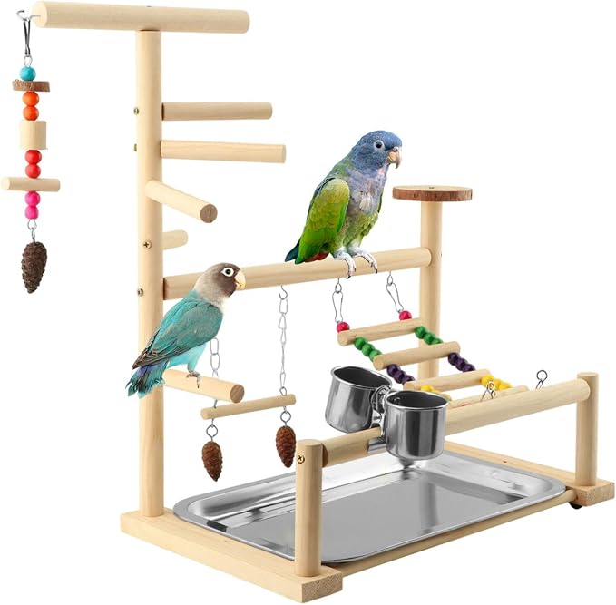 Bird Playground, Natural Pine Wood Parrot Stand with Swing, Climbing Ladder, Chew Toy and Perches, Bird Play Stand for Parakeets, Budgies, Cockatiels and Small Birds