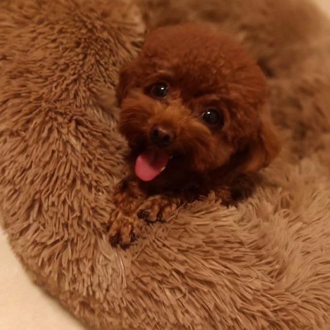 Plush Calming Donut Dog Bed for Small to Medium Dogs, 28 Inch Round Pet Bed | Soft Faux Fur Puppy Bed with Raised Rim for Curling and Head Support; Washable Round Pet Bed for Small to Medium Dogs or Cats