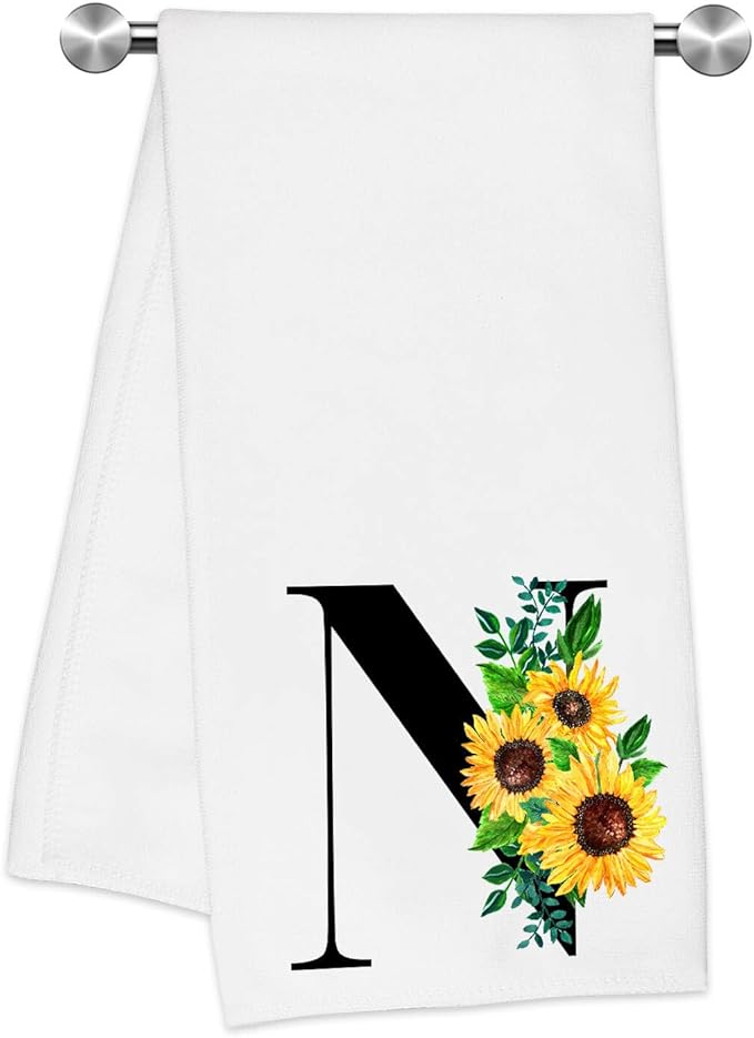 Monogrammed Sunflower Hand Towels,Ini-tial N Tea Towel Letter Kitchen Towels,Sunflower Gifts for Women,Monogram Dish Towel 17x23 Inch,Kitchen Bathroom Decorative Ini-tial Gifts for Mom Wife