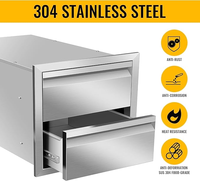 Outdoor Kitchen Drawers Stainless Steel 18W X 15H X 23D Inch, Flush Mount Double BBQ Island Drawers with Hidden Handle for Outdoor Kitchens, Patio or Grill Station