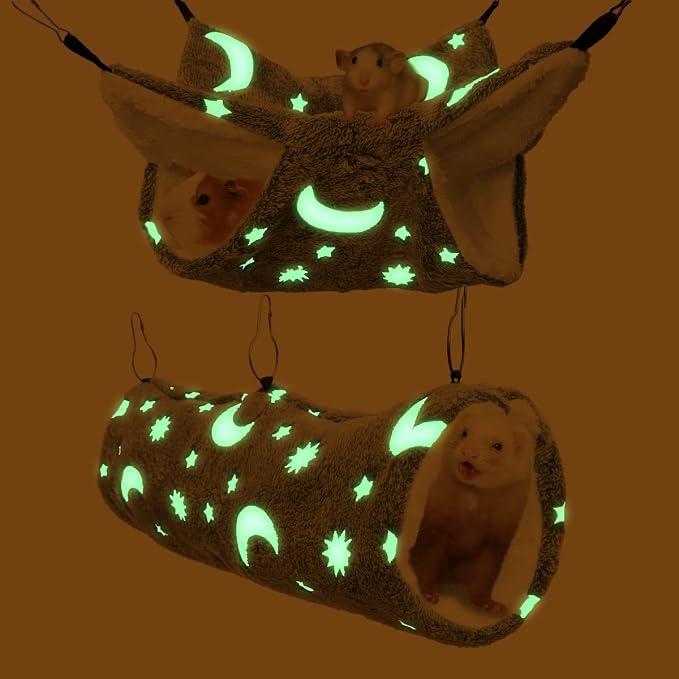 Luminous Noctilucent Glow Guinea Pig Rat Ferret Hideout and Soft Bed, Moon Bunkbed Hammock and Tunnel