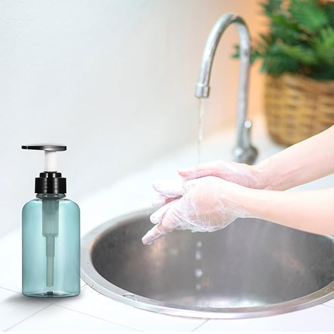 Yebeauty Empty Pump Bottle 10oz, 2 PCS Shampoo Bottles Dispenser with Pump Refillable Containers, 300ml Clear Blue