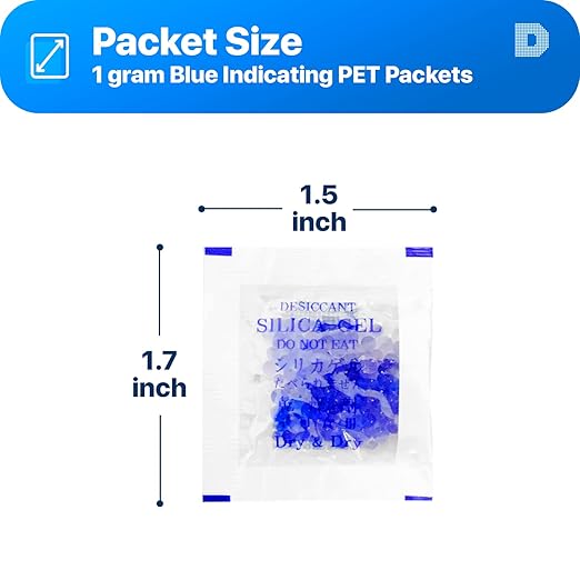 Dry & Dry 1 Gram [100 Packets] Blue Indicating(Blue to Pink) Silica Gel Packets Desiccants Silica Gel Packets - Rechargeable Silica Packets, Silica Gel, Silica Gel Packs