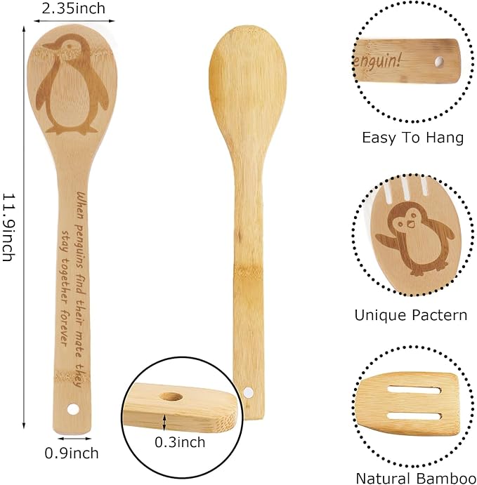 5PCS Penguin Wooden Cooking Spoons Set Bamboo Cooking Spoons | Penguin Kitchen Decor Housewarming Wedding Anniversary Thanksgiving Christmas for Mom Women Animal Lovers