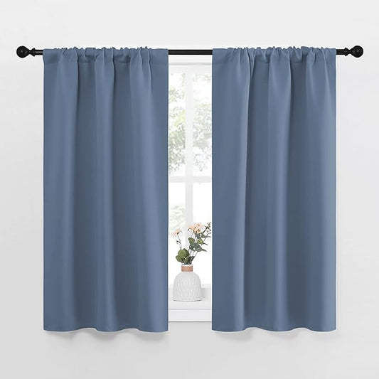 NICETOWN Kitchen Curtains, Short Blackout Curtains & Drapes, Thermal Insulated Blackout Curtain Panels for Kids Room, Play Room (Stone Blue, 34" Wide by 45" Long, 2 PCs)