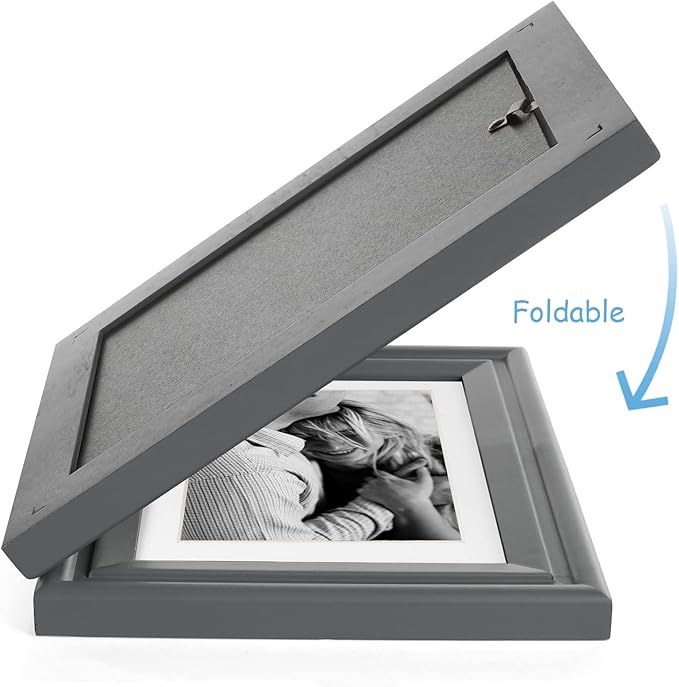 5X7 Double Wooden Hinged Picture Frame Horizontal and Vertical in Gray, Display 4x6 with Mat or 5x7 without Mat, Folding Photo Frame with Real Glass Front for Tabletop X2-HUI-HS57