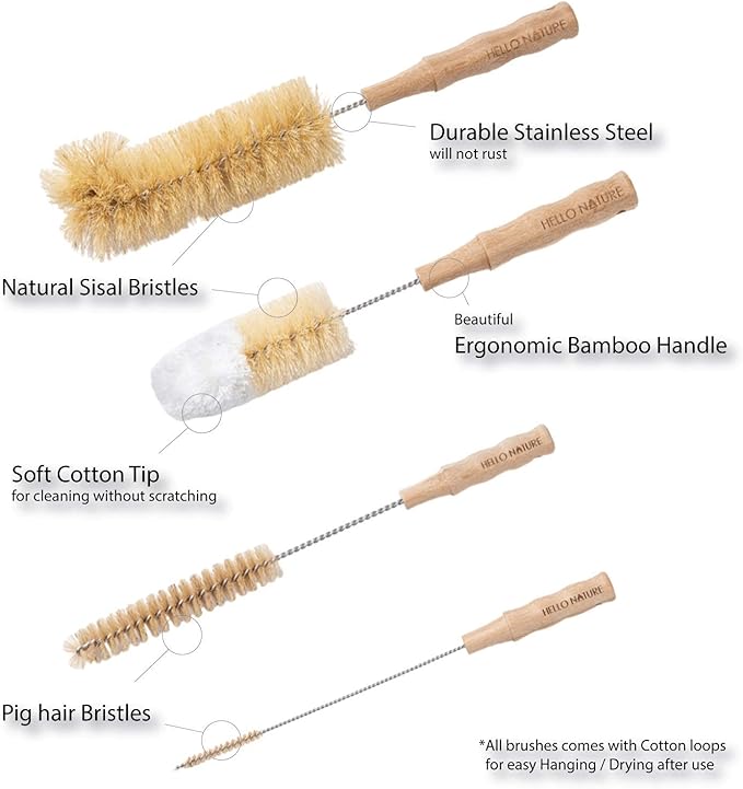 4Pcs Long Handle Bottle Cleaning Brush Set by HELLO NATURE, Sustainable & Biodegradable Natural Fibre Bamboo Handle Brushes Zero-Waste & Plastic Free