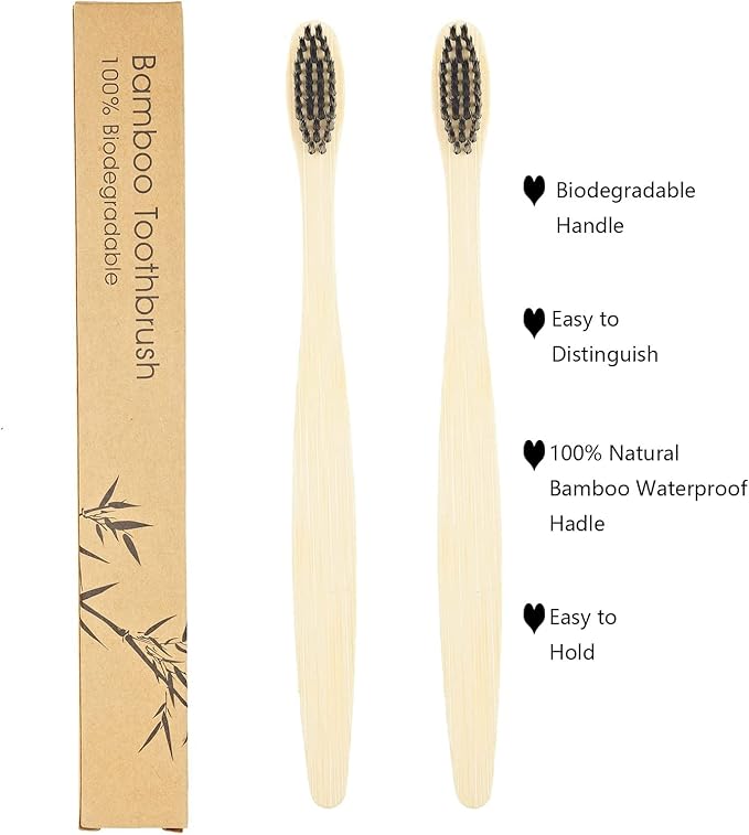 SEVENHEAD 2 PCS Bamboo Toothbrushes With Soft Bristles for Adults - Natural Biodegradable BPA Free Eco-Friendly Wooden Black Toothbrush