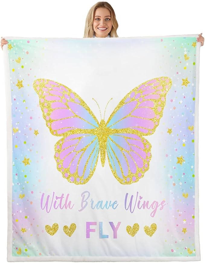 Feelyou Girls Butterfly Fleece Throw Blanket Twin 60"x80" Kids Pink Blue Sherpa Blanket Plush Fuzzy for Bed Couch Chair Living Room, Butterflies Lover Bed Blanket Glitter Room Decor