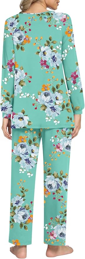 Anyally Women's Plus Size Pajama Sets Ladies Fall Pjs 2 Pieces Lounge Outfits V Neck Long Sleeves Sleepwear with Pockets