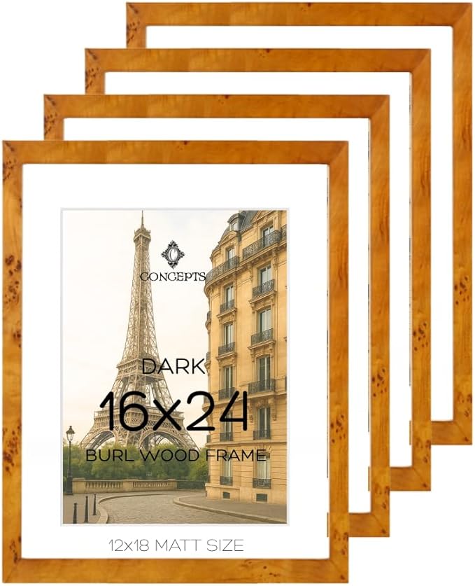 Concepts Set of 4 16X24 Burl Wood Picture Frames with Matt 12X18, Dark Wood Finish, Eco-Friendly Packaging – Elegant Wallhung Decor for Family Photos