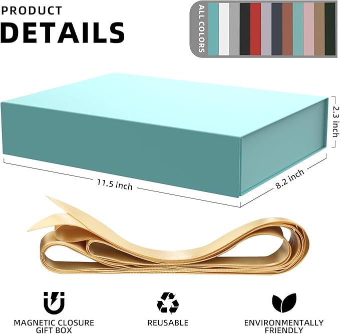 5 Pack Gift Boxes with Lids, 11 x 8.2 x 2.3 Inches Packing Box for Presents Ribbon Magnetic Closure, Luxury Wrapping Gift Boxes for Weddings, Birthdays, Chrismas, Halloween, Turquoise