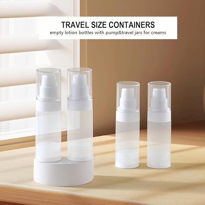 4pack mini Travel Size Pump Bottle Dispenser,Transparent Empty Lotion Bottles with,with Labe lslotion Travel Container 1.0/oz 30ml Small airless Pump jar,TSA Approved Size