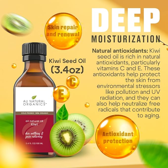 Au Natural Organics Kiwi Seed Oil for Face, Skin, Hair, Scalp, Lip & Nails Care | Cold Pressed Skin Moisturizer Oil, Reduce Wrinkles, Large Pores, Acne, Dark Spots & Other Skin Blemishes 3.4 oz