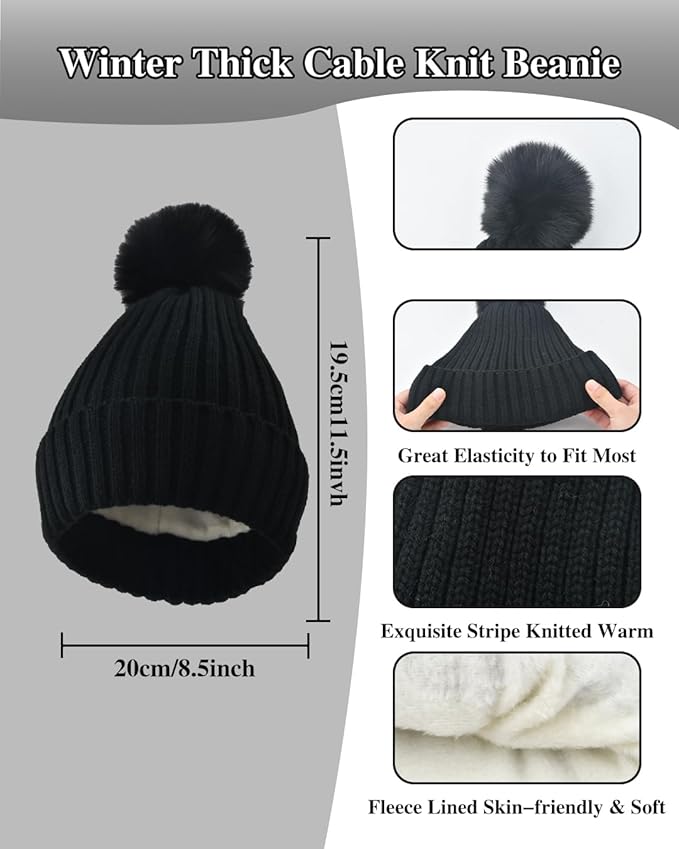 Winter Beanie Hat Scarf Gloves Set for Women, Fleece Knit Pompom Beanie Neck Warmer Long Scarf Touchscreen Gloves 3 in 1 Set