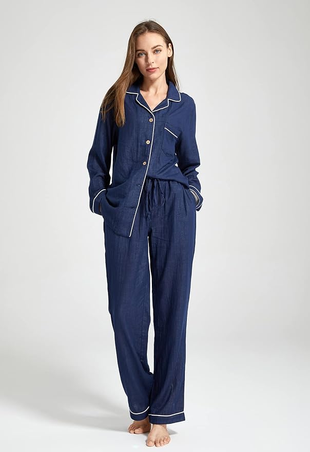 Womens Pajama Sets 100% Double Gauze Cotton Linen Like Muslin Pajamas Long Sleeve Button Down Sleepwear Soft Pjs Lounge Set