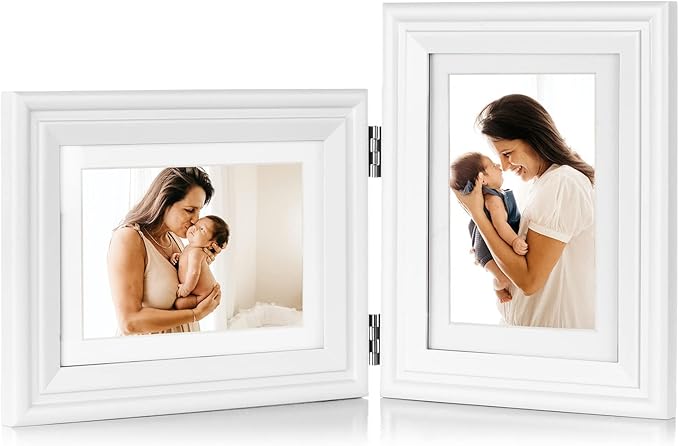 5X7 Double Wooden Hinged Picture Frame Horizontal and Vertical in White, Display 4x6 with Mat or 5x7 without Mat, Folding Photo Frame with Real Glass Front for Tabletop X2-BAI-HS57