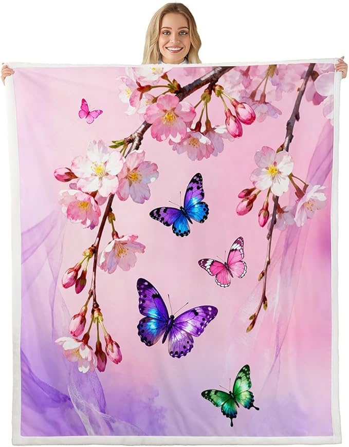 Feelyou Girls Butterfly Fleece Throw Blanket 40"x50" Kids Chic Gorgeous Sherpa Blanket Plush Fuzzy for Bed Couch Chair Living Room, Floral Flower Bed Blanket Room Decor