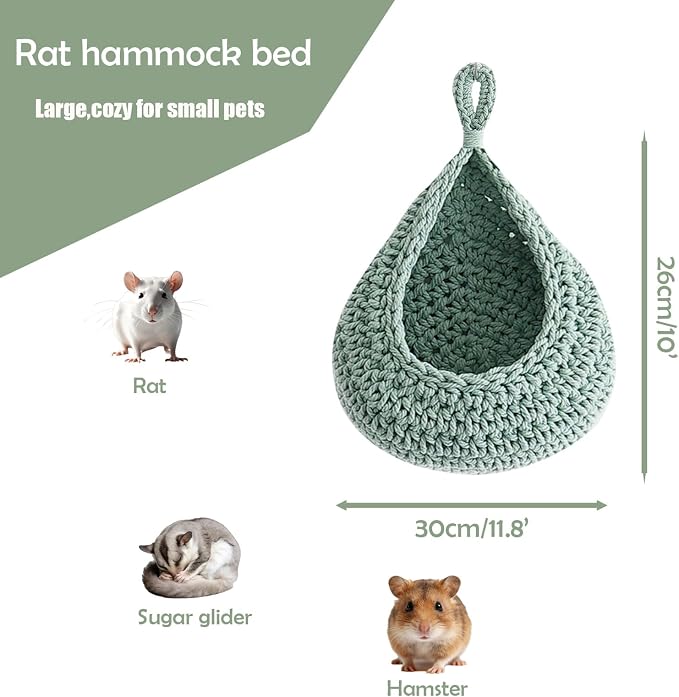 Small Pet Hammock Bed for Rats, Sugar Gliders, Rat Toys Soft Hanging Sleeping Hideout for Cage, Washable Comfortable Nest as Rat Cage Accessories，Green