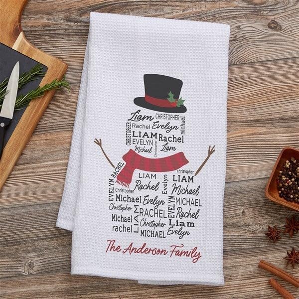 Personalization Universe Personalized Snowman Repeating Name Christmas Waffle Weave Kitchen Towel - Classic Christmas Kitchen Decor with Custom Family Names, Cute Holiday Dish Towel