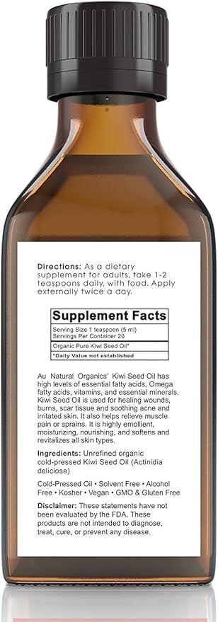 Au Natural Organics Kiwi Seed Oil for Face, Skin, Hair, Scalp, Lip & Nails Care | Cold Pressed Skin Moisturizer Oil, Reduce Wrinkles, Large Pores, Acne, Dark Spots & Other Skin Blemishes 3.4 oz
