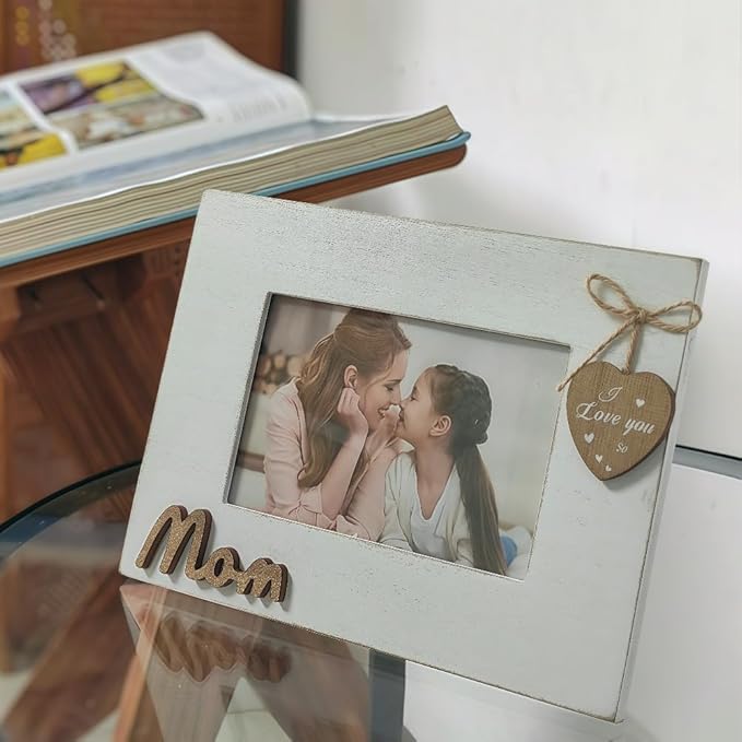I Love You Mom Photo Frame with Heart,Wooden Mom Picture Frame 4x6 Horizontal from Daughter/Son,Mother's Day Gift,Present for Stepmother, Mommy Birtheday Gift