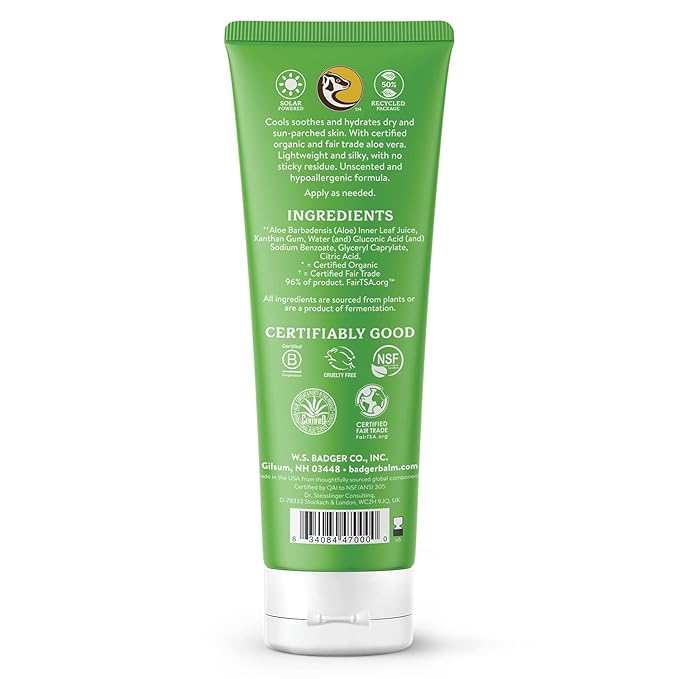Badger Organic Aloe Vera Gel for Face & Body, 96% Pure Unscented Organic Aloe Gel for Cooling, Soothing, Non-Sticky Sunburn Relief, Vegan, Fair Trade & Hypoallergenic, 4 fl oz