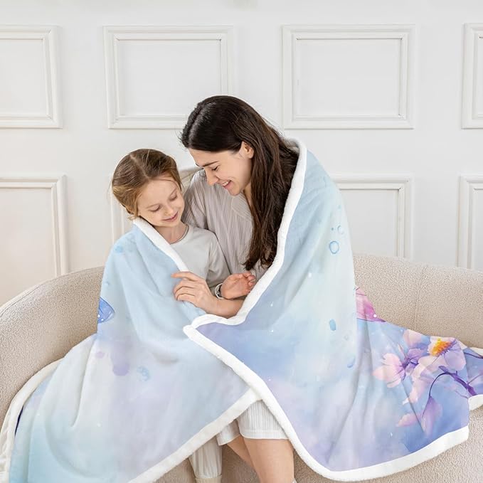 Feelyou Blue Butterfly Fleece Throw Blanket Twin 60"x80" Kids Girls Sherpa Blanket Plush Fuzzy for Bed Couch Chair Living Room, Floral Flower Bed Blanket Cute Watercolor Room Decor