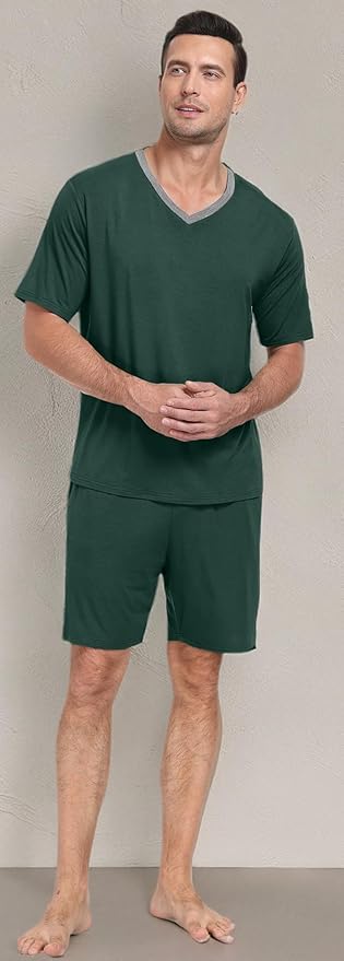 PrinStory Men's Pajama Set Sleepwear Pjs Lightweight Quick Dry Short Sleeve V-Neck Shirts and Shorts Soft Comfy Sleep Sets