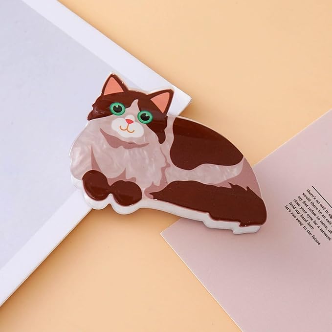 Fluffy Long Hair Cat Hair Claw Clips Animal Hair Clip Kitten Hair Barrettes | Lying Ragdoll Kitten Hair Jaw Clips Acrylic Grip Clips Brown Pet Cat Hair Accessories for Women Daily Holiday Party Styling