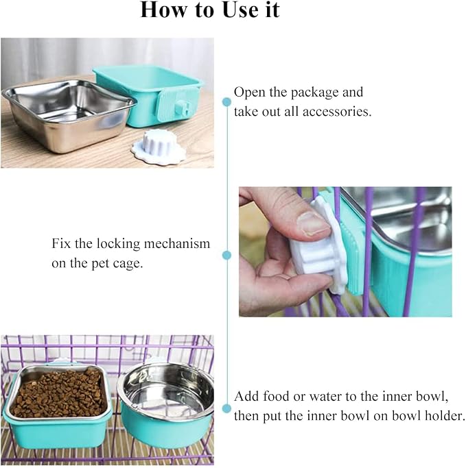 Dog Crate Bowl, Hanging Stainless Steel Removable Pet Crate Water & Food Bowls, Pet Cage Feeder Container Coop Cup for Cat Puppy Birds Rats Guinea Pigs Rabbit Hamster (2PCS)