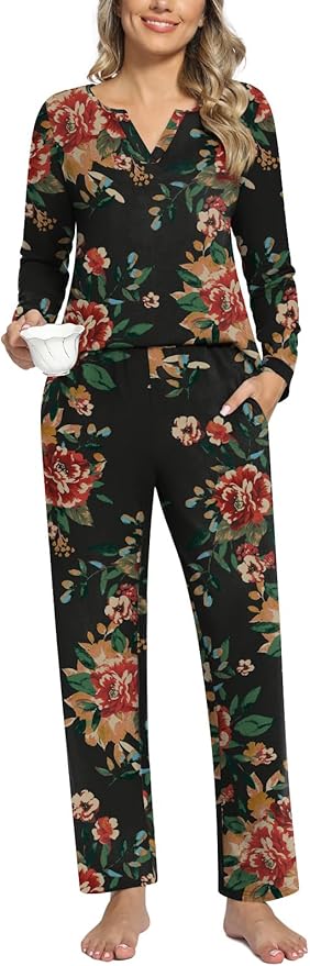 Anyally Women's Plus Size Pajama Sets Ladies Fall Pjs 2 Pieces Lounge Outfits V Neck Long Sleeves Sleepwear with Pockets