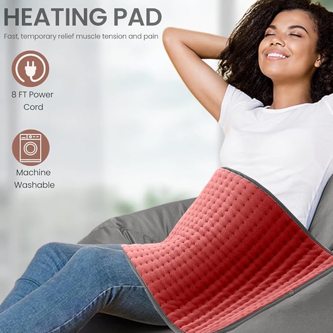Heating Pad, Electric Heating Pads for Back/Neck/Knee/Shoulder Muscle Pain, 9 Heat Settings, Dry/Moist Heat & Auto Shut Off, Gifts for Men and Women, Red, 24x12 Inch