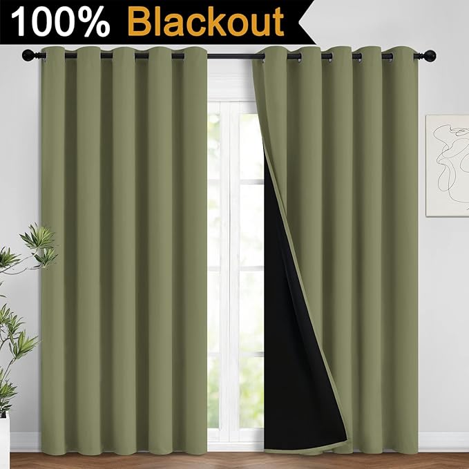 Yakamok 100% Blackout Curtains, Noise Reduction and Privacy Curtains for Living Room, Grommet Top Room Darkening Blackout Drapes for Bedroom(62Wx84L, Sage, 2 Panels)
