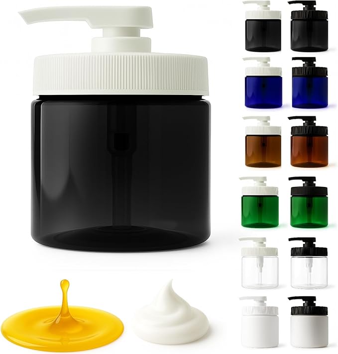 Royal Massage 16oz Refillable Pump Jar with Locking Dip Tube Dispenser – BPA-Free Plastic Container for Massage Oils, Lotions, Creams – Ribbed Lid Wide-Mouth Jar – Durable & Reusable (1, Black/White)