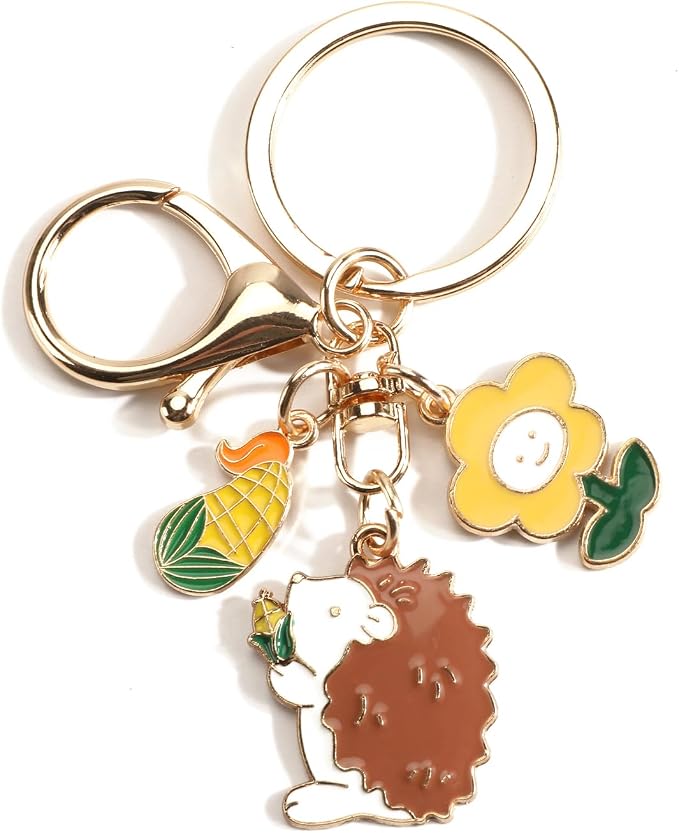 Hedgehog Keychain with Flower Thanksgiving Keycharm with Wheat Unique Animal Keyring for Women Farm Keychains Gifts
