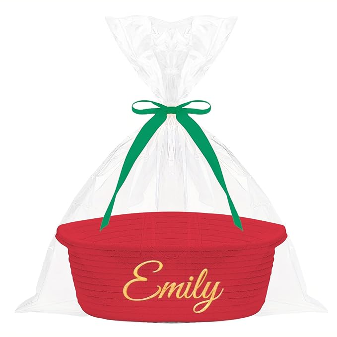 HUTARIO Personalized Woven Christmas Burr Basket Embroidered Name with Gift Bags and Ribbons,Empty Small Rope Basket，Durable Storage Custom Red Basket with Handles for Baby Showers,12"×8"×5"