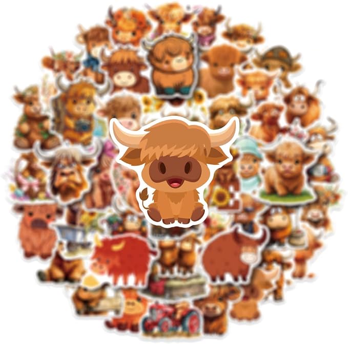 50Pcs Yak Stickers, Cute Cattle Stickers for Kids Teens, Vinyl Cartoon Highland Cow Sticker for Water Bottle Laptop Scrapbook Decor Incentive School Classroom Rewards Gift Party Favor Supplies