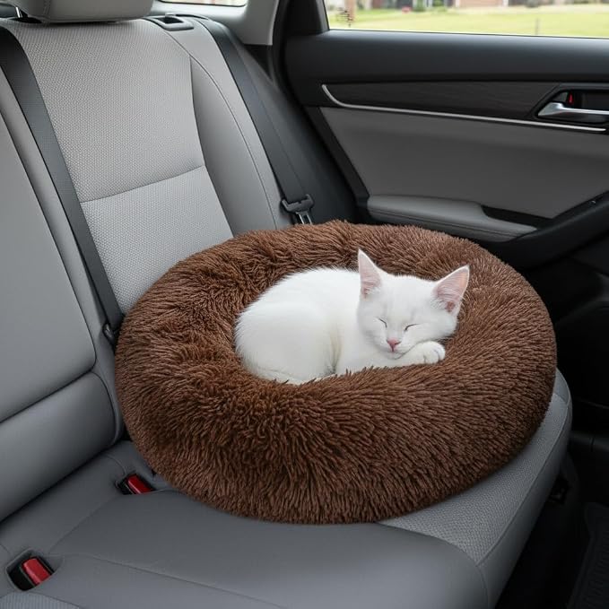 Soft Plush Round Pet Bed for Cats or Small Dogs, Mini Sized Dog Cat Bed | Soft Long Shag Faux Fur, Warming Cushion, Anti Slip Water Resistant Base, Machine Washable for Kittens, Ferret, Bunny Pets
