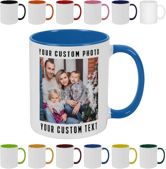 Personalized Coffee Mug with Photo, Logo or Text - Customized Gift Idea for Men & Women, Mom, Dad, Friends - Christmas Birthday Valentines Gifts, Party Favors Tea Cup - White/Light Blue