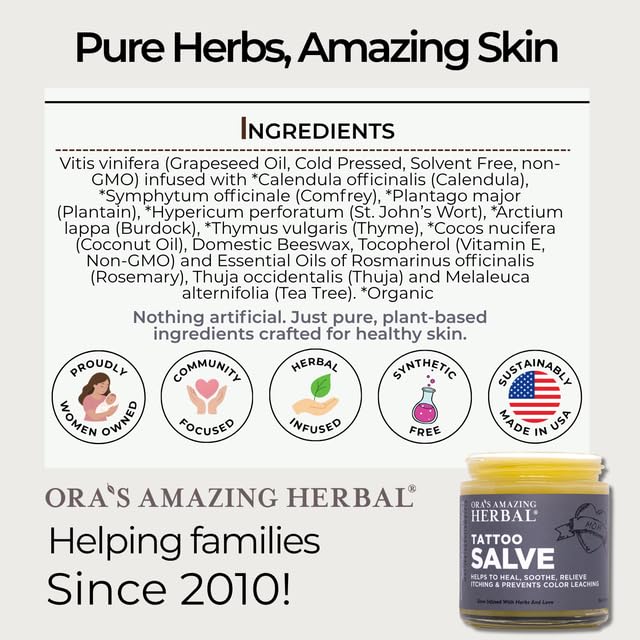 Ora's Amazing Herbal Tattoo Salve, Tattoo Aftercare Balm, Paraben Free Healing OIntment For New Tattoos, Brightening Moisturizer For Old Ink, Itchy Tattoo Relief Cream, Plastic Free, 1 oz Travel Size