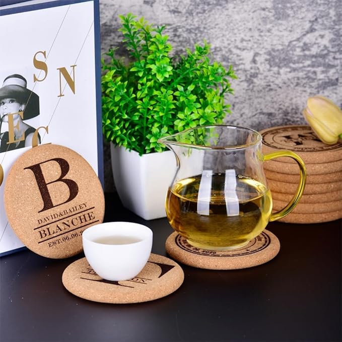 Personalized Cork Coasters for Drinks, Custom Engraved Absorbent Heat & Water Resistant Coasters for Cups and Mugs (M)