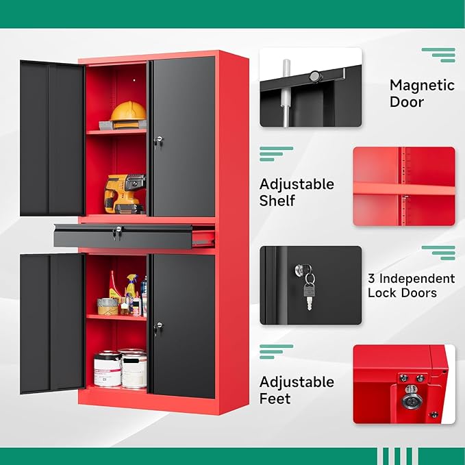 Letaya Metal Garage Storage Cabinet with Drawer,4 Door Tool Cabinet with Adjustable Shelves for Garage Home Office Utility Room (Red)