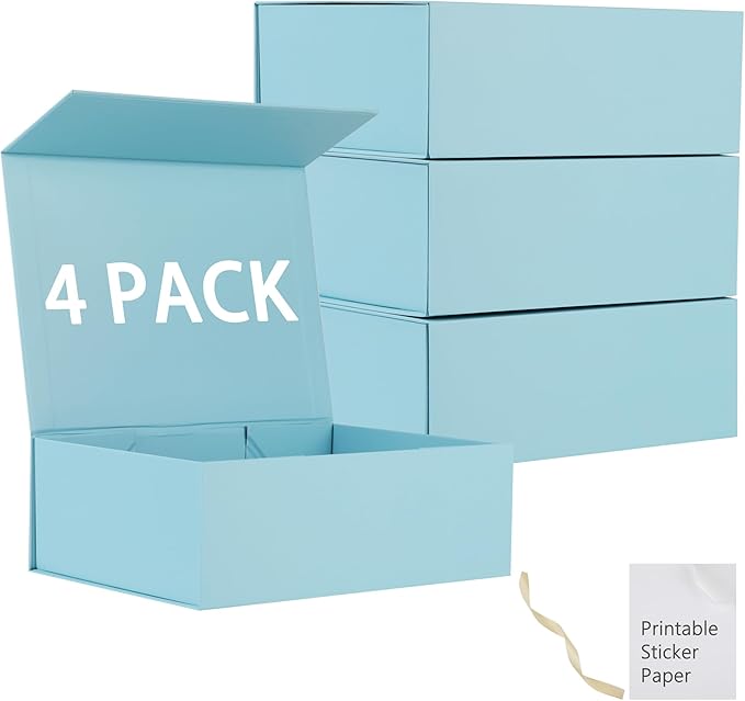MUMUPACK 4 Pack Blue Gift Boxes With Lids,12x8x4.5 Inch Bridesmaid Proposal Box And Printable Stickers,Proposal Boxes With Ribbon For Wedding, Packaging, Present, Birthday