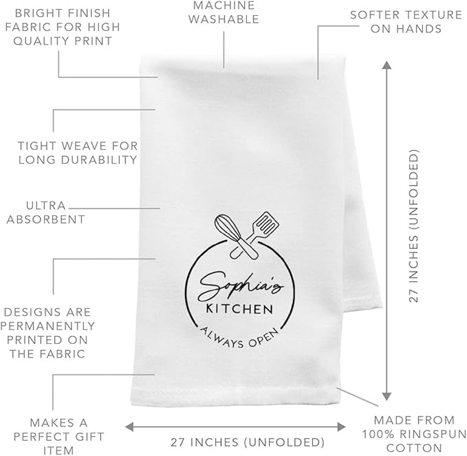 Andaz Press Personalized Kitchen Towel, Flour Sack Tea Towel, Custom Name Kitchen Always Open Birthday for Mom Daughter, Grandma Housewarming Gift for Couples, Kitchen Decor