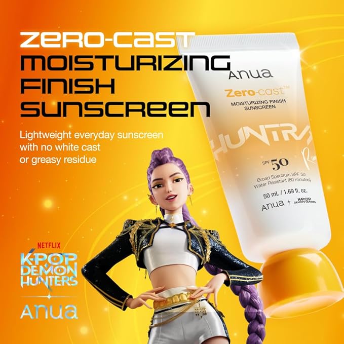 Anua, Zero-Cast Moisturizing Sunscreen SPF 50, Glow Natural Sunscreen for face, No White Cast, Hyaluronic Acid, Niacinamide, Oil-Free, KPop Demon Hunters, Korean Skincare, 1.69 fl oz