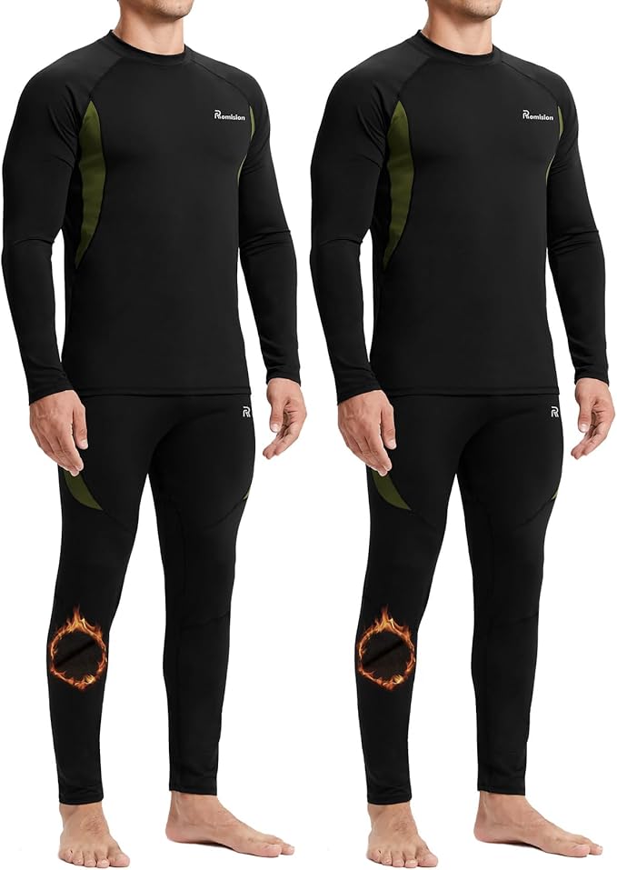 romision 2 Pack Thermal Underwear for Men Long Johns Fleece Lined Hunting Gear Bottom Top Set Base Layer Cold Weather XS-4XL
