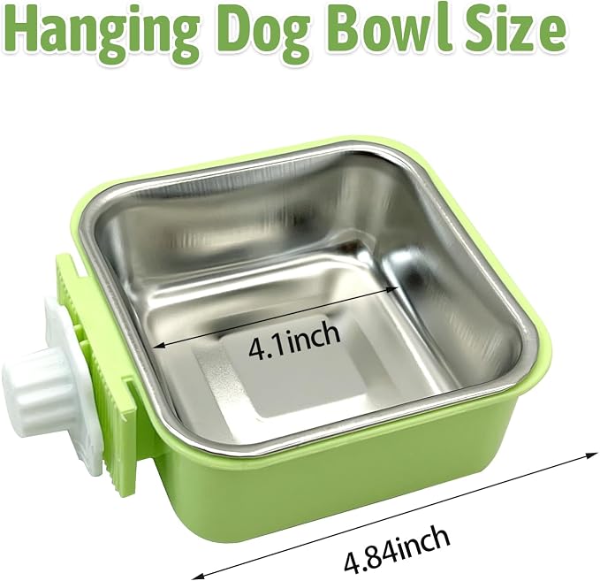 kathson Crate Dog Bowl, Removable Stainless Steel Hanging Pet Kennel Cage Bowl Food & Water Feeder Coop Cup for Puppy, Cat, Rabbit, Guinea Pigs 3pcs Small Square(Blue, Green, and Pink) (Pack of 2)