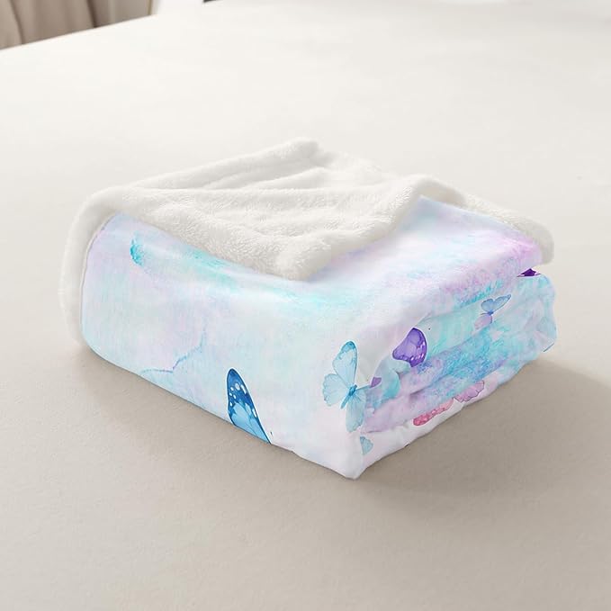Feelyou Butterfly Fleece Throw Blanket Queen 90"x90" Kids Purple Blue Watercolor Sherpa Blanket Plush Fuzzy for Bed Couch Chair Living Room, Butterflies Lover Bed Blanket Chic Room Decor